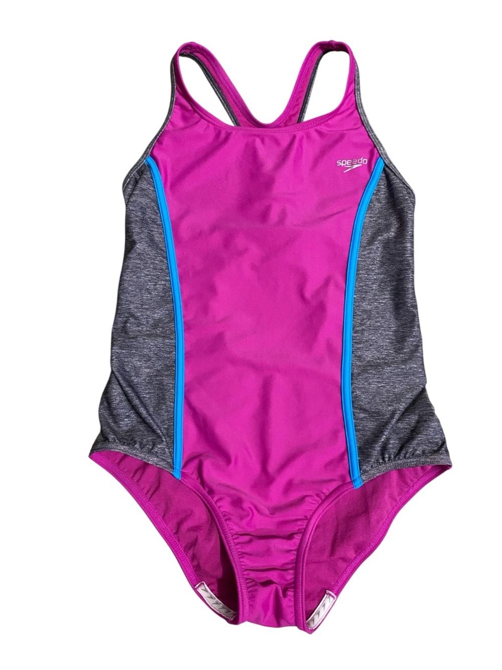 Speedo Big Girls One Piece Fuchsia Pink Heather Gray Swimsuit 16 Sporty